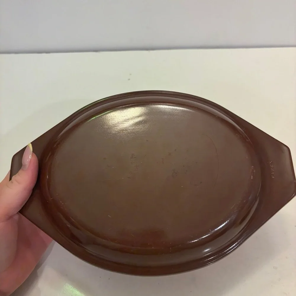 Vintage 1970's Pyrex 043 Old Orchard 1.5 Liter Oval Casserole Dish w Brown Lid